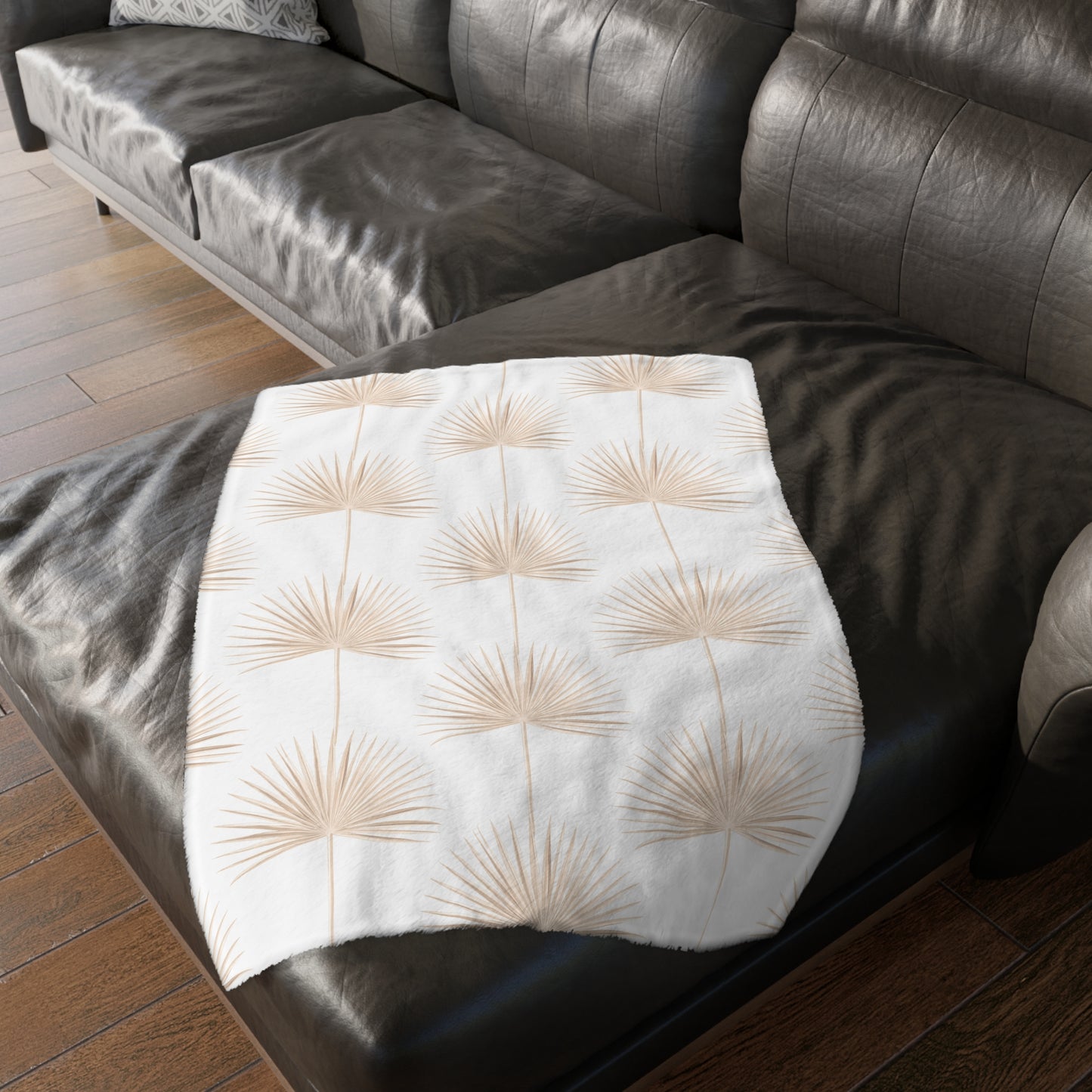 Monstera Fan Palm White Tan Oahu Velveteen Microfiber Blanket
