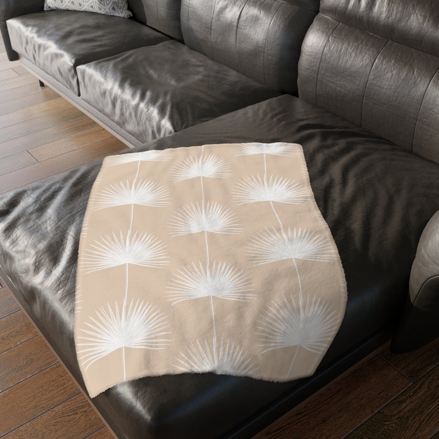 Monstera Fan Palm Tan Velveteen Microfiber Blanket