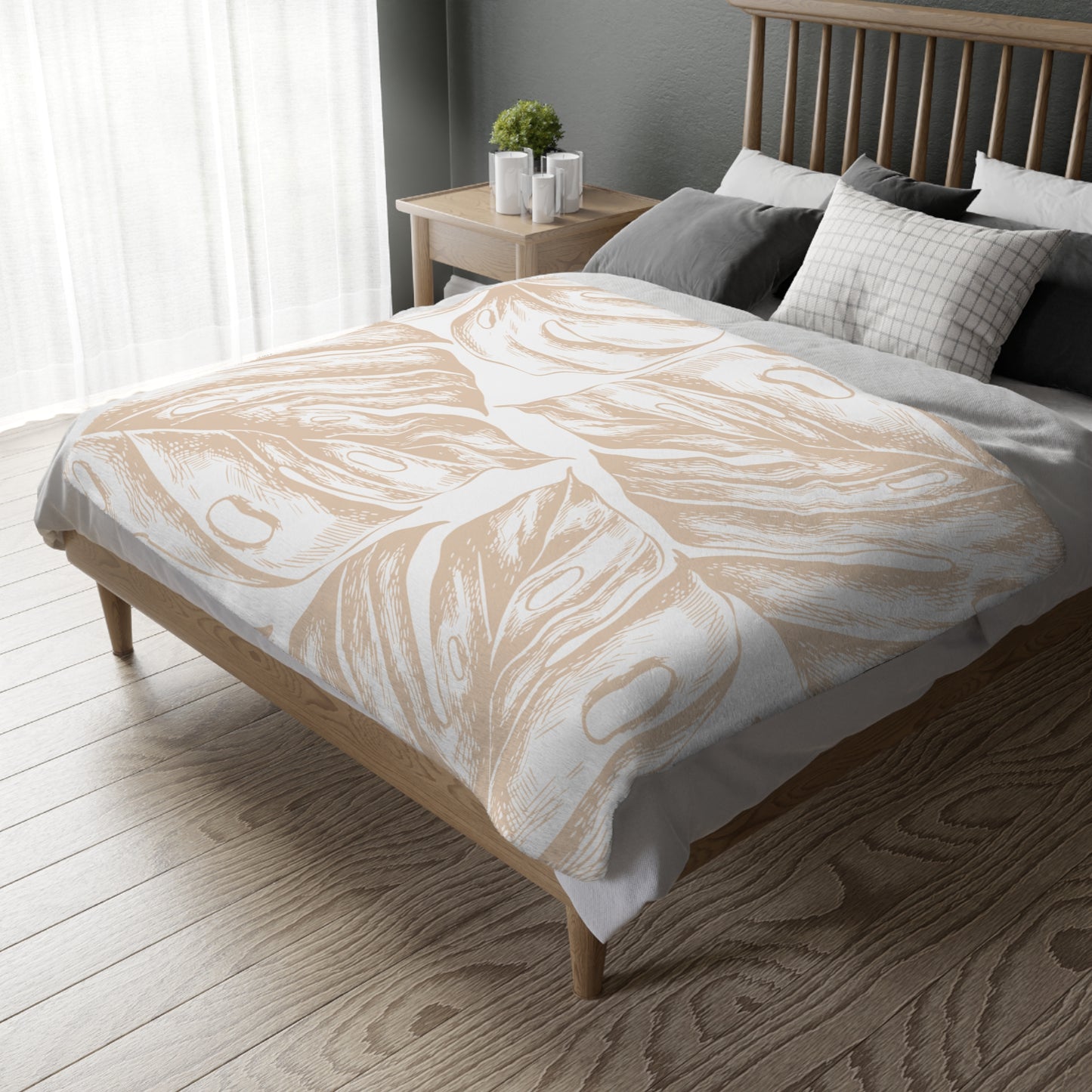 Monstera Fan Palm White Tan Oahu Velveteen Microfiber Blanket