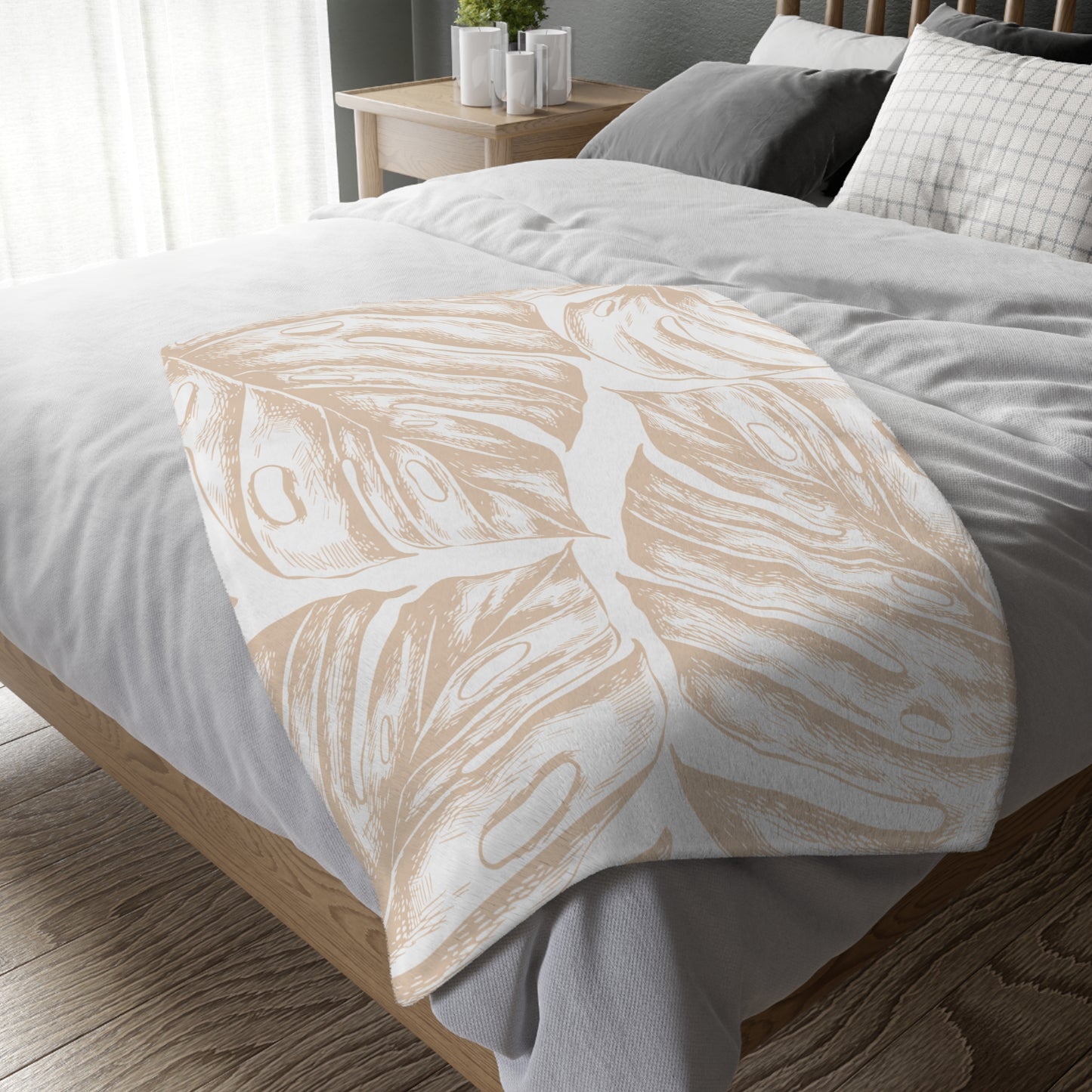 Monstera Fan Palm Tan Velveteen Microfiber Blanket