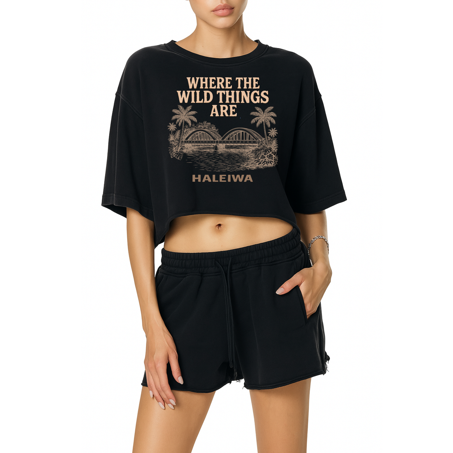 Haleiwa Rainbow Bridge Snow Washed Raw Edge Crop Top Charcoal